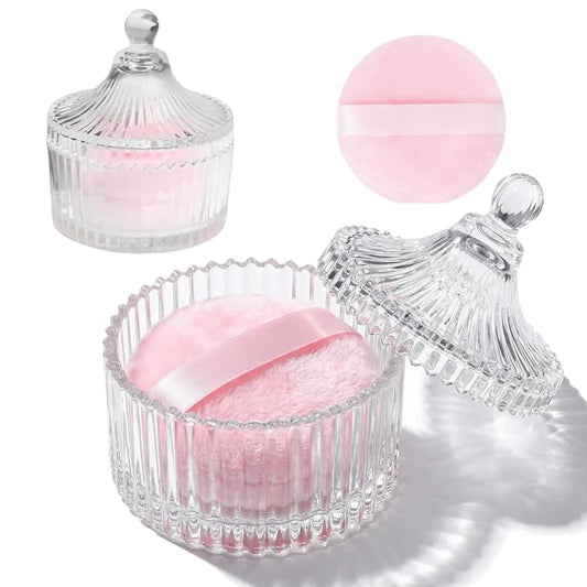 2 Pcs Large Body Powder Puff and Container Powder Container with Puff Powder Puff Crystal Container Soft Washable Reusable Velour Face Body Glitter Powder Puff Wet Dry Makeup (Pink 1)