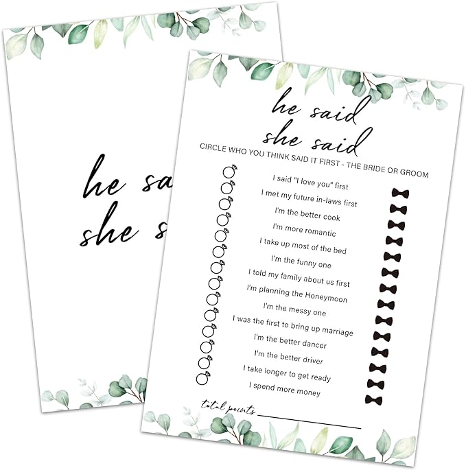 30 Pcs He Said She Said Bridal Shower Games Wedding Shower Games, Bridal Shower Game 30 Guests for Engagement Wedding Party (Eucalyptus Botanical Style) -0013