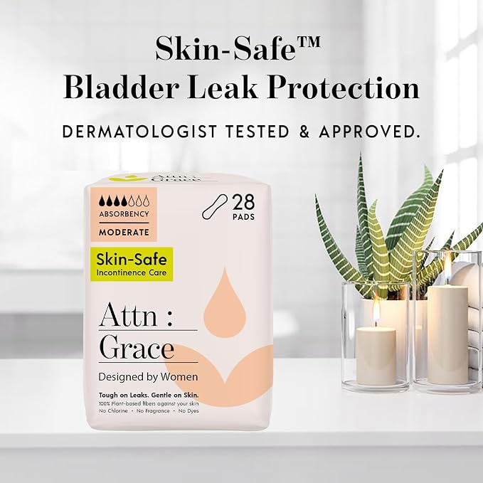 Attn: Grace Moderate Incontinence Pads for Women, 28-Pack - Plant-Based, High Absorbency, Breathable - Incontinence Pads for Moderate Bladder Leaks & Sensitive Skin
