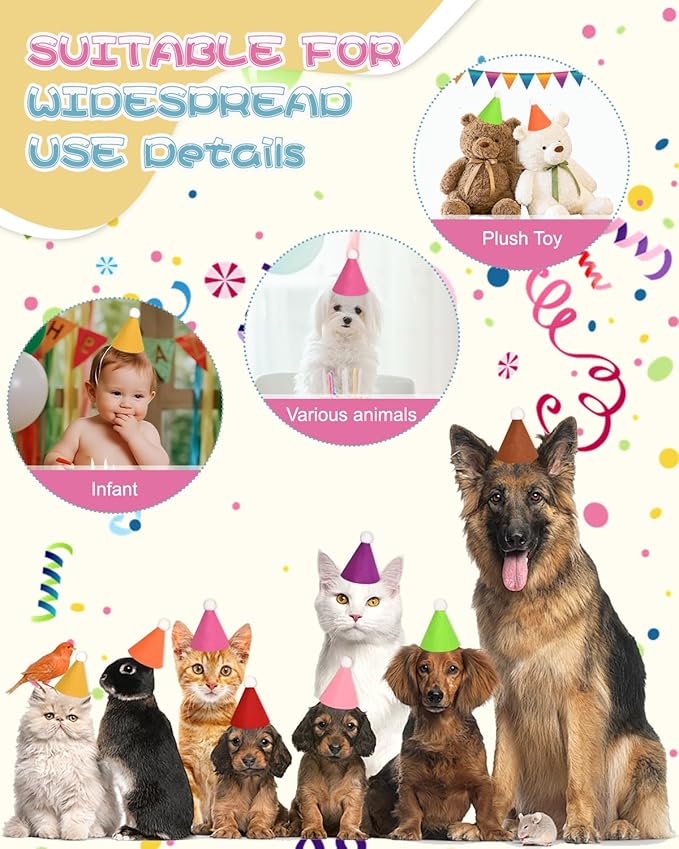 32Pcs Mini Birthday Party Hats for Stuffed Animals, Felt Small Party Hats, Reusable Party Animal Decorations,Cat Birthday Hat
