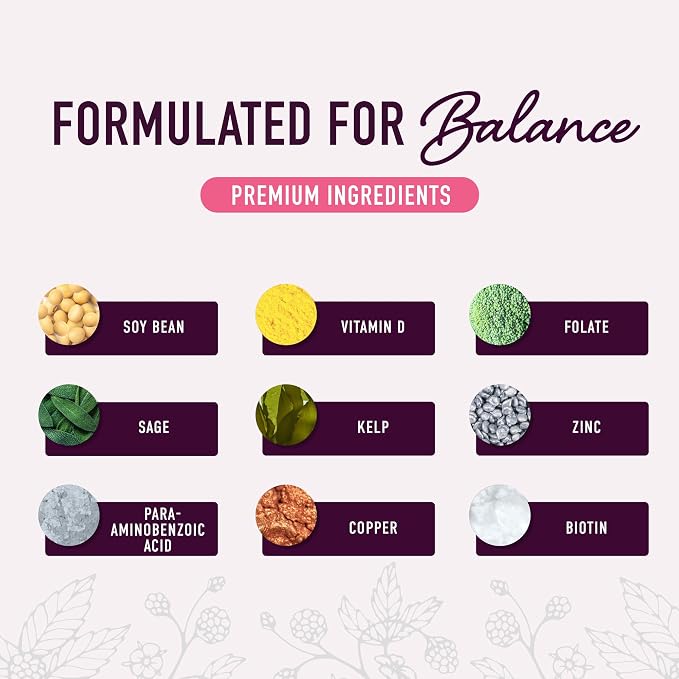 Menopause Support Gummies, Hormone Balance for Hot Flashes & Night Sweats | Mood & Bloating Support, With Phytoestrogen Soy Vitamin D3 PABA Biotin, Vegetarian, Gluten-Free, 60 Black Currant Gummies
