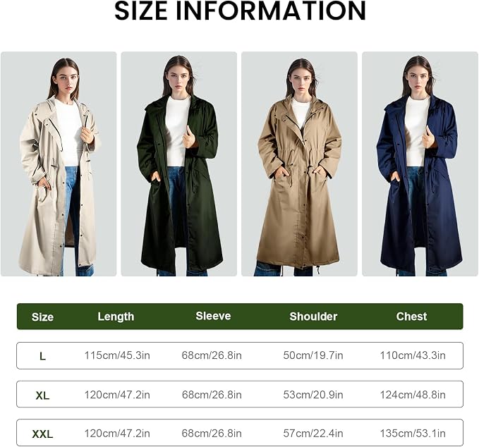 LAMA Womens Long Raincoats Rain Jacket Waterproof Packable Hooded Windbreaker Lightweight Adjustable Waist for Outdoor
