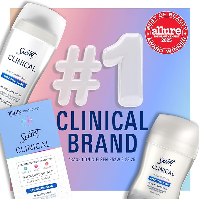 Secret Clinical Strength 100HR Sweat & Odor, Clear Gel Antiperspirant Deodorant for Women, 3X Stress Protection with Hyaluronic Acid, PH Balancing Minerals, Completely Clean Scent, 2.6 oz