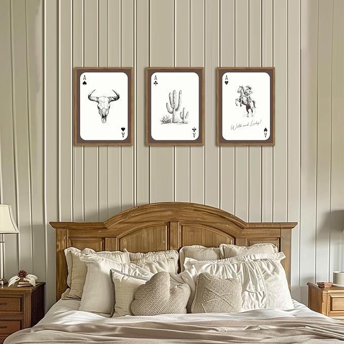 Western Cowgirl Wall Art Set of 3, Vintage Southwestern Wild and Lucky Rodeo Wall Decor Painting, Bull Skull Playing Card Poster Canvas Prints for Living Room Bedroom 12x16 inch Wood Framed