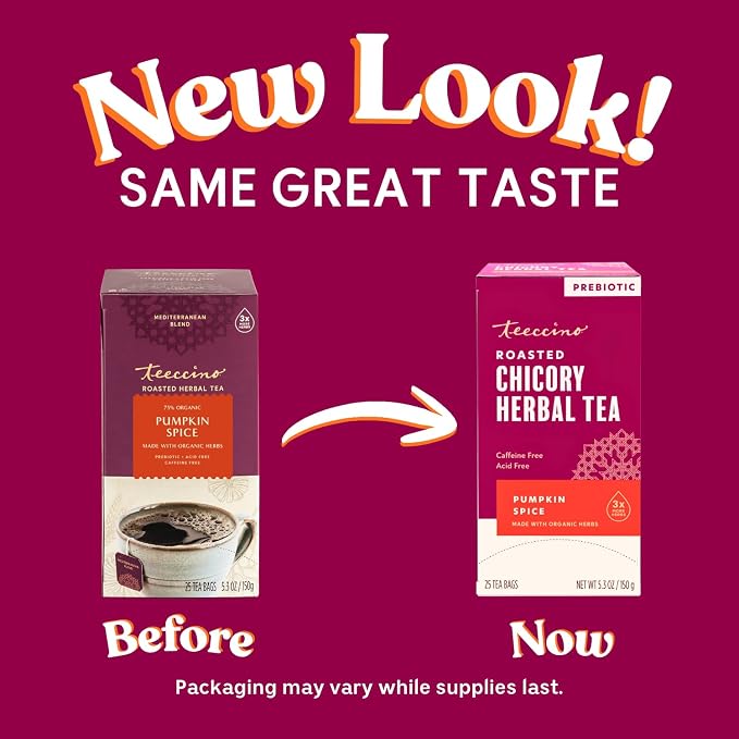 Teeccino Pumpkin Spice Herbal Tea - Rich & Roasted Autumn Harvest Tea That’s Caffeine Free & Prebiotic for Delicious Comfort, 25 Tea Bags