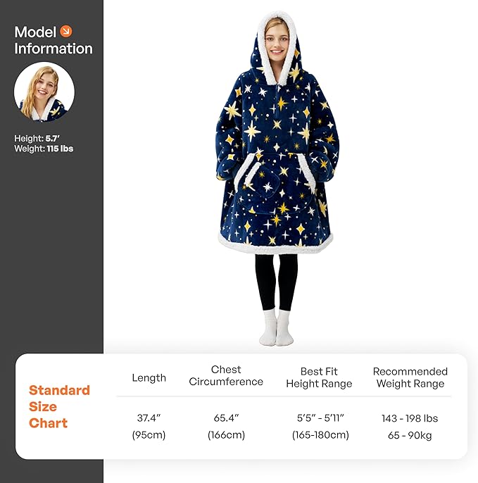 Giggling Getup Wearable Blanket Hoodie for Adults Gifts for Teen Girls Sister Women Sherpa Fleece Printed Hooded Blanket Sweatshirt Warm Cozy with Pocket & Sleeves Dark Blue Glowing Stars