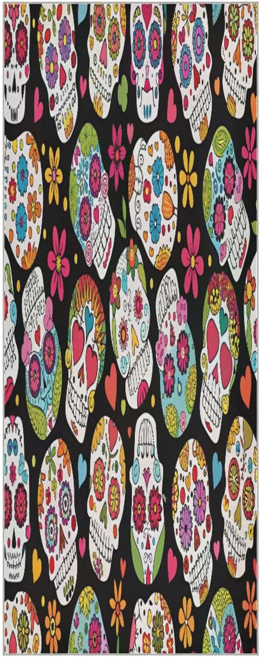 Mexican Sugar Skull Flower Hot Yoga Towel with Carry Bag - Sweat Absorbent Non Slip Yoga Mat Towel for Bikram Pilates Mats, Workout, Gym, 73"x27"