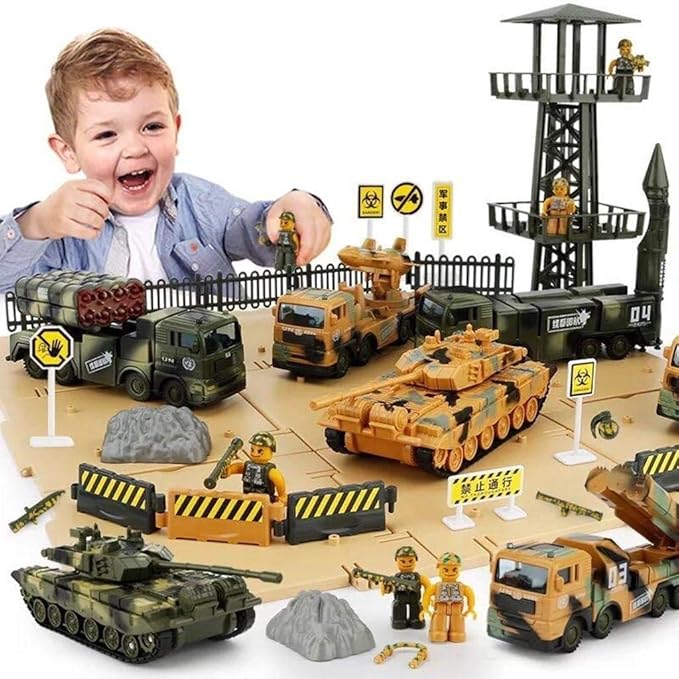 Military Vehicles and Army Battle Site Set with Storage Container, 6 Vehicles, Scout Tower, Missile Truck, Tank (Military-playsets)