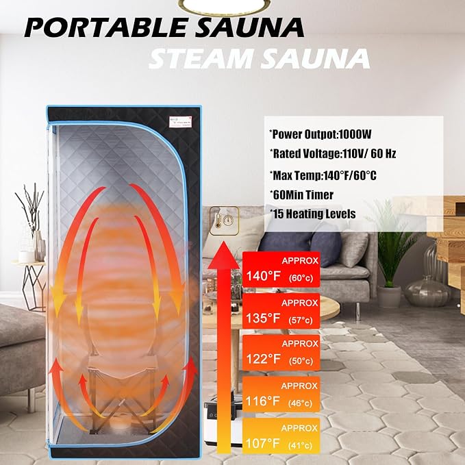 Portable Sauna Box, Portable Steam Sauna for Home with 2.6L 1000W Steamer, 15 Levels, Folding Chair, Extra Large Size (31.5 x 31.5 x 68.9 inch)