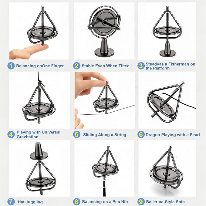 Gyroscope, Long-Lasting Spin,Anti-Gravity Spinner Toys,Physics Toys,Precision Gyroscope,Metal Anti-Gravity Spinning Top Balance Toy,Educational Gift, Premium Fidget Toy. (Black, Large Size)