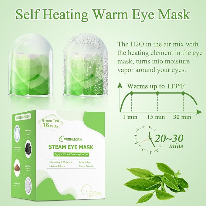 16Packs Steam Eye Mask, Heated Eye Mask for Sleeping, Warm Compress for Eyes, Self Heating Disposal Steam Mask for Home Sleep, Office, Spa, Travel Essentials Mothers Day Gifts (Green Tea)