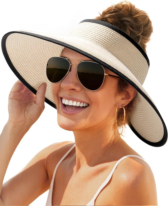 FURTALK Womens Sun Hat with Ponytail Hole Wide Brim Beach Straw Visor | Foldable & Packable for Beach Vacations, Adjustable Fit for Messy Buns, Detachable Windproof Strap, Sweat-Wicking Inner Band