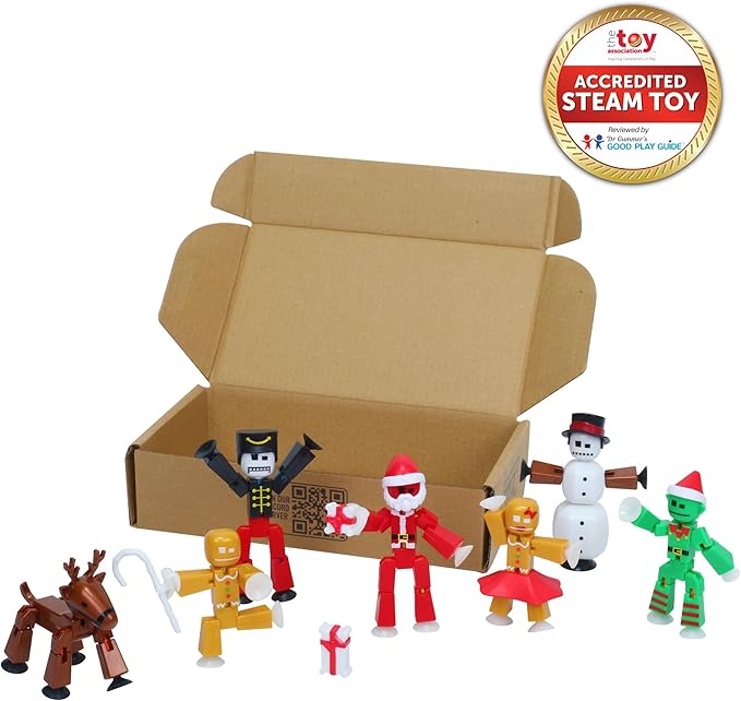Zing StikBot Christmas Crew Pack - Includes 7 StikBots and 1 Set of Accessories, New Christmas Themed Stop Motion Animation Toy Set