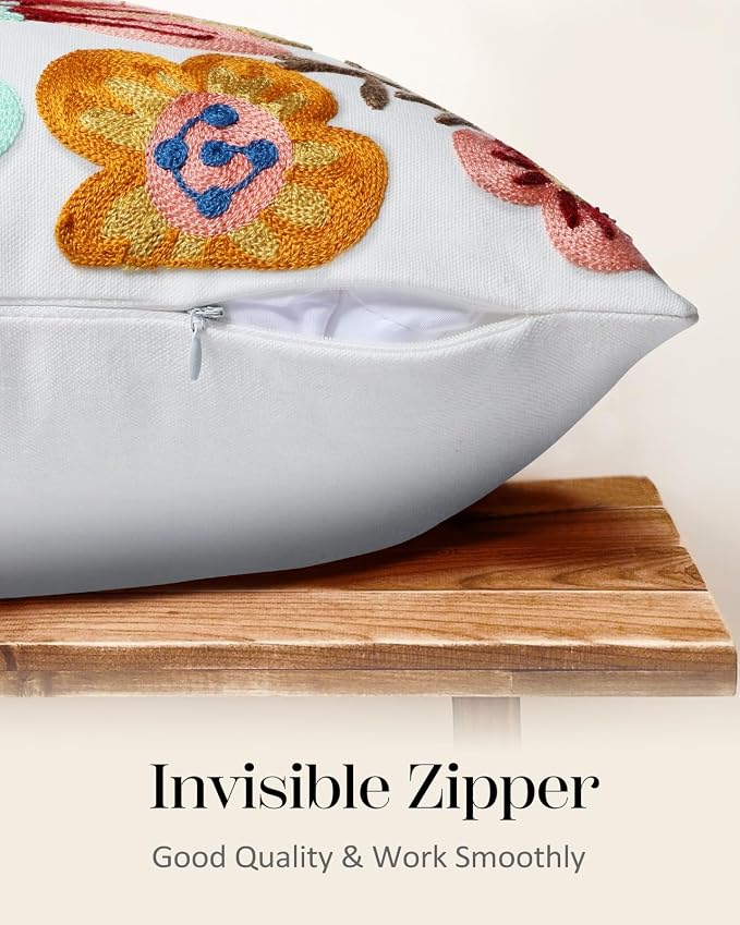 Embroidered Throw Pillow Cover - 18x18 Decorative Pillow Cover with Zipper Aesthetic Cute Design Boho Spring Summer Cozy Throw Pillowcase for Living Room Couch Sofa Bed, Elegant Flowers