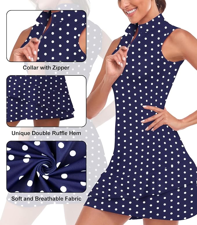 Viracy Tennis Dress for Women Sleeveless Golf Dresses with Shorts and Pockets Ruffle Zip Up Stand Collar Golf Outfits