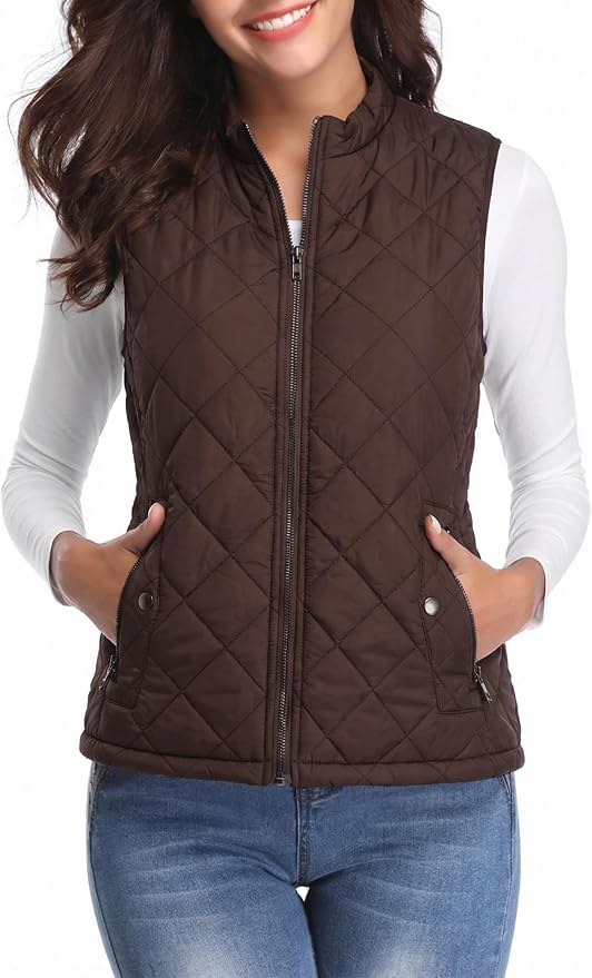 Fuinloth Women's Quilted Vest Lightweight Puffer Stand Collar Zip Gilet | 4 pockets with 2 inner storage. Quilted padded warm gilet. Fall winter outerwear layering vest for travel hiking daily wear.