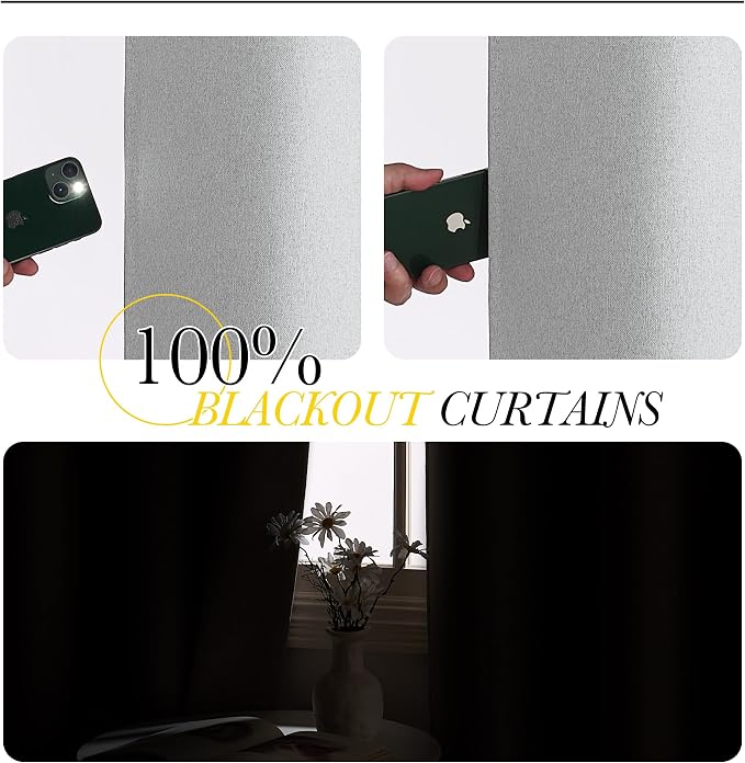 NICETOWN 100% Blackout Linen Curtains for Living Room 2 Panels, Greyish White, W52 x L90 per Panel, Noise Reducing Crisp Structured Faux Linen Curtains for Classroom, Home Office