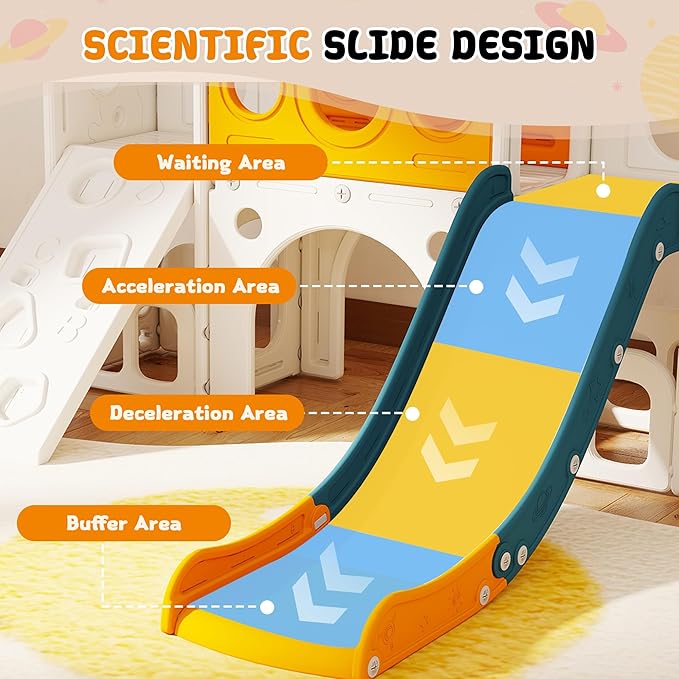GITAWUSA 9 in 1 Toddler Slide Set Playground Indoor & Outdoor Fun for Kids & Babies Aged 1-3, Featuring Climbing Board, Basketball Hoop, Telescope, Storage Space and Non-Slip Steps, Yellow & Green