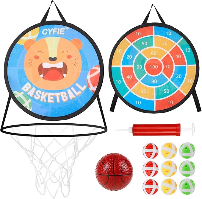 2 in 1 Basketball Hoop and Dart Board，Double Sided 14" Dart Board，Basketball Hoop for Kid Toddlers, Sports & Outdoor Games Toys，Birthday Gift Toys for 3 4 5 6 7 8 9 10 Years Old Boys Girls Kids Party