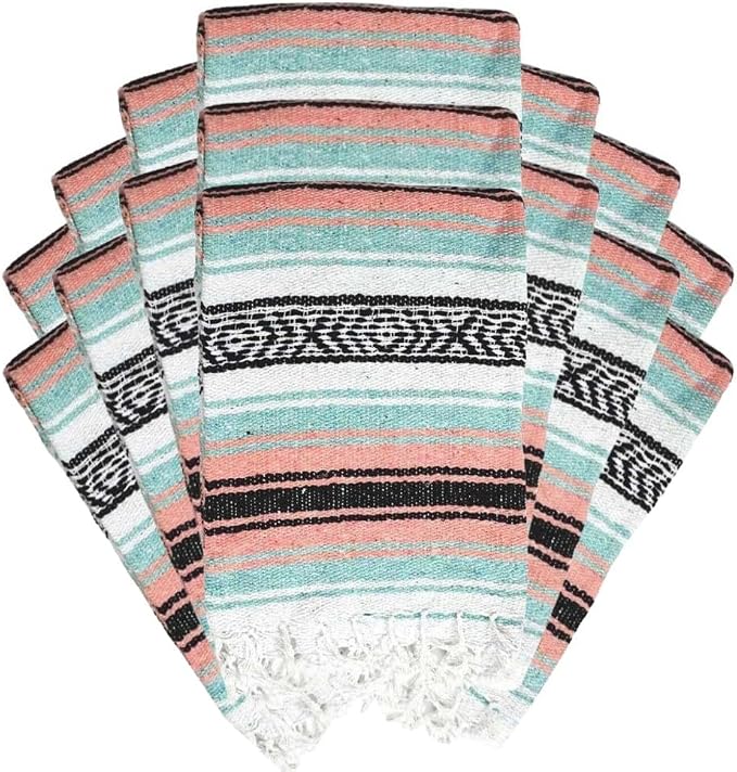 Open Road Goods Bulk Falsa Blankets - Handwoven Authentic Mexican Falsa - Great for Weddings, Yoga, Beach, Picnics, or Mexican Throw! (Mint/Peach, 15 Pack)