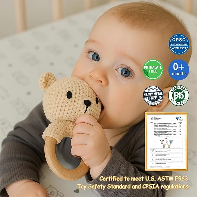 Teddy Bear Baby Rattle Toy 0-6 Months Crochet Knitted Plush Stuffed Animal Teether Natural Wood Ring Cute Bear Baby Gift Gentle Sound Shaker for Newborn Infant Crib Soothing Sleep Aid Gift