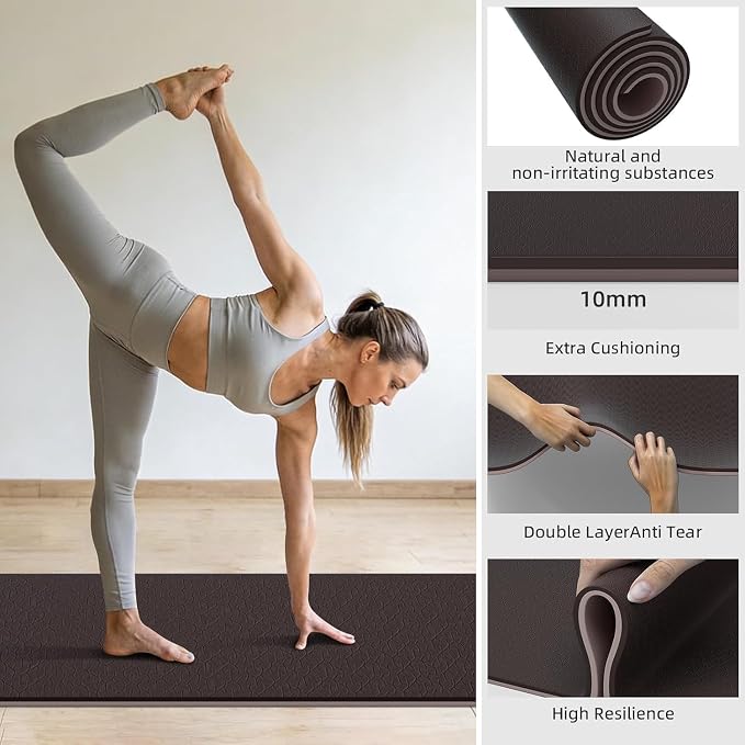 10mm0.4"TPE Yoga Mat Thick Wide Large for Home Workout Carrying Strap | Non Slip Exercise Mats Cushioned Joint-Friendly Stable,76"x28"Extra long Tapis Entrainement Au Sol Fitness,Pilates Gym Travel