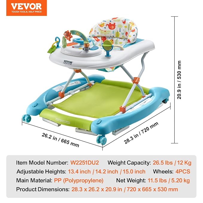 VEVOR 4-in-1 Baby Walker, Folding Baby Activity Center with Wheels, 3 Adjustable Height, Music & Toys Tray, Learning-Seated | Walk-Behind | Rocker | Bouncer Toddler Walker for Girls Boys 6-24 Months