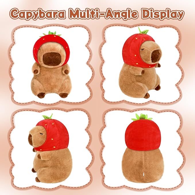 Capybara Plush 11.8 inch with Strawberry Hat Soft Capybara Stuffed Animals Capybara Hugging Gifts Capybara Doll Pillow for Kids Girls Toys (Strawberry Capybara Brown 11.8 inch)