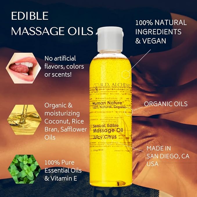 RD Alchemy - 100% Natural & Organic Edible Massage Oil Sample Pack - 4 Flavors: Bay Rum Love | Juicy Citrus | Spicy Vanilla | Mint Zip. Silky Smooth for Sensual Massage, Bath, Date Night & More!