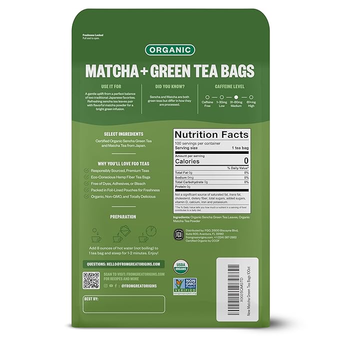 FGO Organic Japanese Matcha + Green Tea, 100 Count, Eco-Conscious Tea Bags, Resealable Bag, Packaging May Vary (Pack of 1)