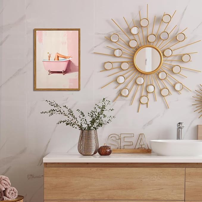 Funny Pink Girl Bathroom Wall Art, Cute Girly Bathtub Wall Decor Painting Trendy Pastel Woman and Martini Bathroom Poster Canvas Print Artwork 16x24 inch Framed