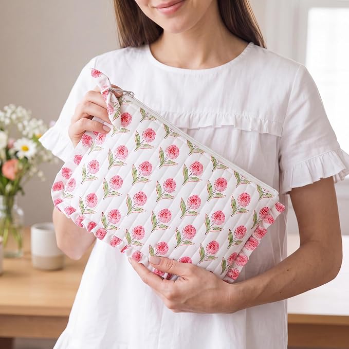 Gilprop Floral Makeup Bag 7" Cotton Cosmetic Bag for Women Large Makeup Pouch with Ruffles Aesthetic Flowers Travel Toiletry Organizer for Spatulas Brushes Skincare Gifts (Pink)