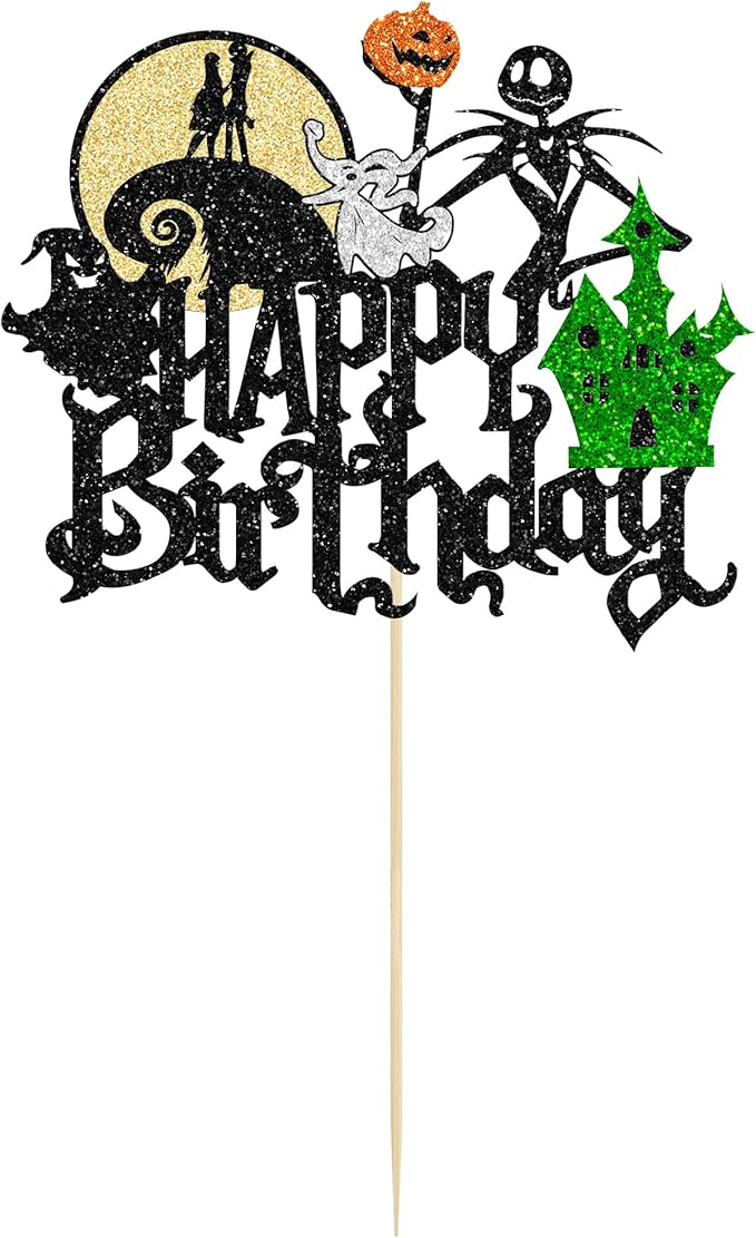 Gyufise 1Pcs Halloween Happy Birthday Cake Topper Glitter Jack and Sally Pumpkin Bat Castle Ghost Cake Pick for Theme Baby Shower Kids Birthday Party Cake Decorations