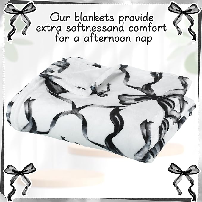 Black Bow Throw Blanket 50"x60" Soft Flannel for Girls Women | Coquette Aesthetic Decor with Ruffled Edges, Ultra Plush Bed Sofa Blanket, Preppy Gift for Teens, Back to School Dorm Room
