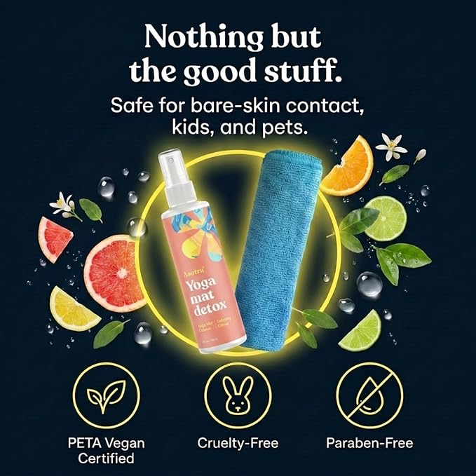 ASUTRA Yoga Mat Cleaner Spray (Calming Citrus), 4 fl oz - No Slippery Residue, Organic Essential Oils, Deep-Cleansing for Fitness Gear & Gym Equipment, Microfiber Towel Included