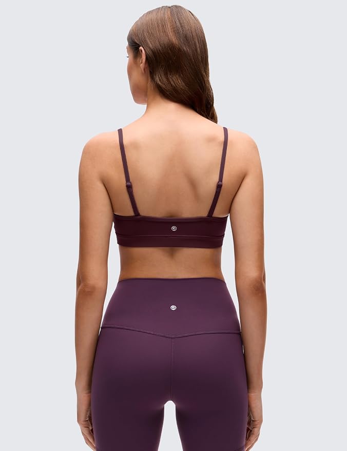 CRZ YOGA Butterluxe V-Neck Sports Bras for Women - Adjustable Thin Straps Padded Yoga Top Basic Wireless Camisole