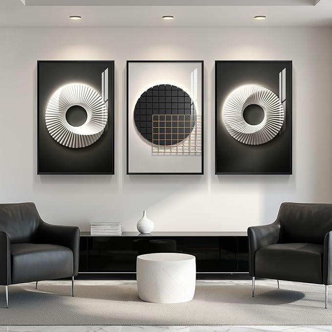Framed Large Modern Black and White Wall Art for Living Room, 3 Piece Abstract Bright Style Picture Artwork Decor, Minimalist Geometric Painting Prints for Dining Room Hallway Office 24x36 Inch