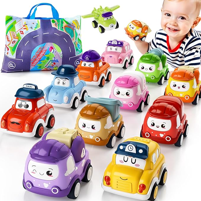 Mini Car Toys for 1 Year Old Boy Gifts, 12 Sets Pull-Back Trucks with Playmat for Toddlers Age 1-2, Baby Toys 12-18 Months, 1st Christmas Birthday Gifts for One Year Olds