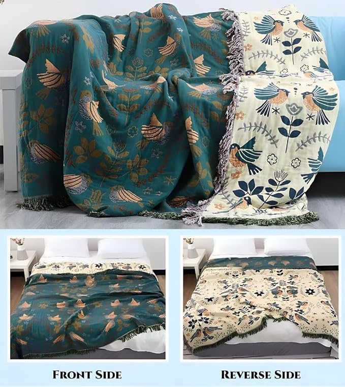 Boho Throw Blanket for Bed 100% Cotton Bohemian Blankets Ultra Soft Woven Muslin Decorative Blankets All Seasons Vintage Quilt Knitted Blanket for Sofa Chair(Blue, 90"x98")