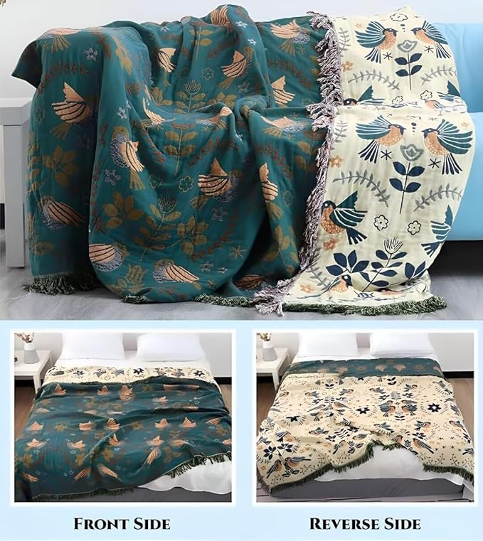 Boho Throw Blanket for Bed 100% Cotton Bohemian Blankets Ultra Soft Woven Muslin Decorative Blankets All Seasons Vintage Quilt Knitted Blanket for Sofa Chair(Blue, 60"x80")