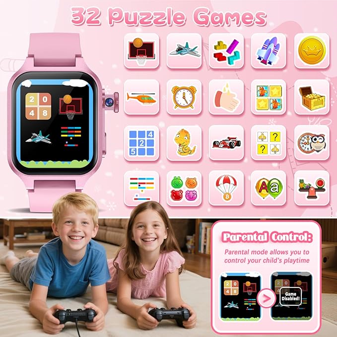 Smart Game Watch for Kids with 32 Games, Telescopic Camera, Pedometer, Alarm, Video, Music, Auidobook, Learn Card, Parental Control, Kids Wrist Watch for Ages 4-12 Girls Boys Chrismars Birthday Gifts
