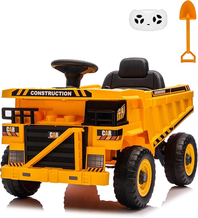 POSTACK 12 Volt Kids Ride on Toy, Ride on Construction Vehicle with 2 Powerful Motors, 1 Seater Kids Electric Car with Remote Control and Shovel,Bluetooth, Music,3 Speeds, Yellow