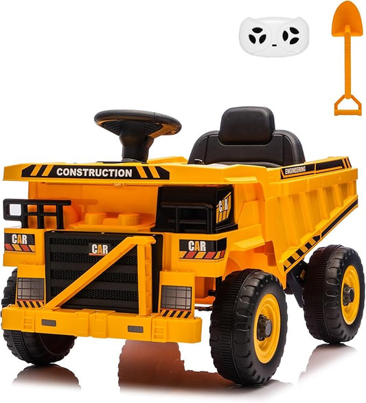 POSTACK 12 Volt Kids Ride on Toy, Ride on Construction Vehicle with 2 Powerful Motors, 1 Seater Kids Electric Car with Remote Control and Shovel,Bluetooth, Music,3 Speeds, Yellow