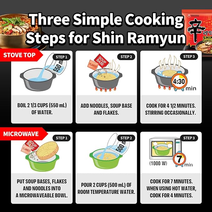 Nongshim Shin Ramyun Noodles, Spicy Korean Signature Instant Ramyun, Rich Beef Flavored Broth, Microwaveable, Korean Instant Noodles, 4.23 oz (Pack of 16), Packaging May Vary