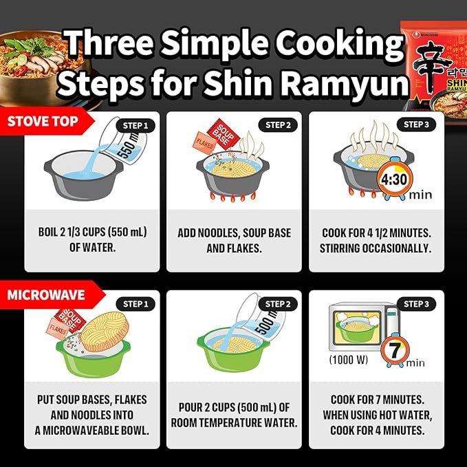 Nongshim Shin Ramyun Noodles, Spicy Korean Signature Instant Ramyun, Rich Beef Flavored Broth, Microwaveable, Korean Instant Noodles, 4.23 oz (Pack of 20), Packaging May Vary.