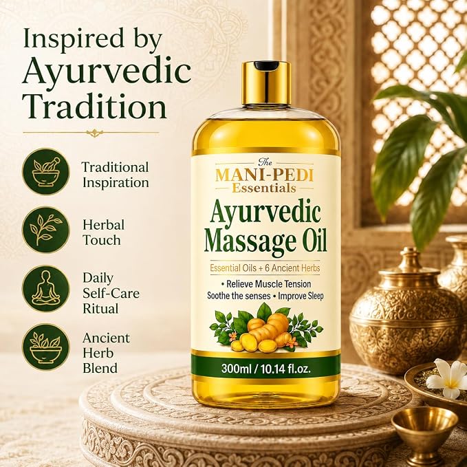 Ayurvedic Oil, Massage Oil with 6 Ancient Herbs with Clove, Almond, Lemongrass & Lavender Oils. Relieves Muscle Tensions, Calms Nerves, Soothes Senses. Organic & Natural - 10 Fl Oz