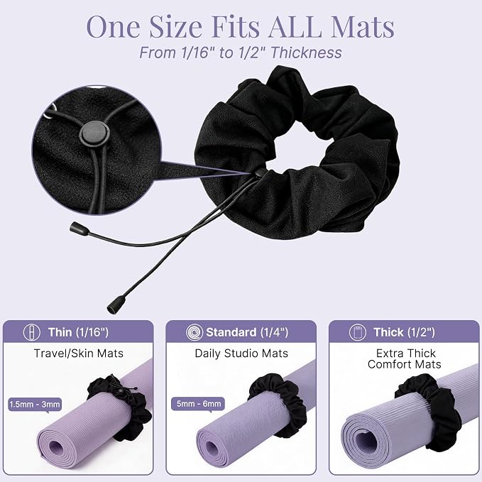 Aolamegs Adjustable Yoga Mat Scrunchie, 2-in-1 Mat Strap and Hair Tie, Fits All Standard & Extra Thick Yoga Mats