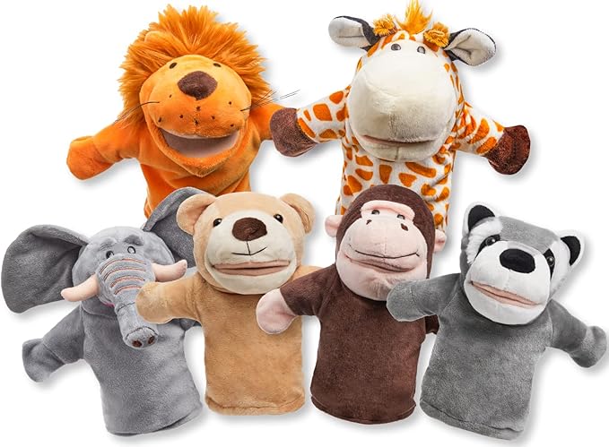 JOYIN 6Pcs Kids Hand Puppet Set with Working Mouth, Toddler Animal Plush Toy Includes Elephant, Giraffe, Lion, Bear, Raccoon and Monkey for Show Theater, Christmas Birthday Gifts for Kid