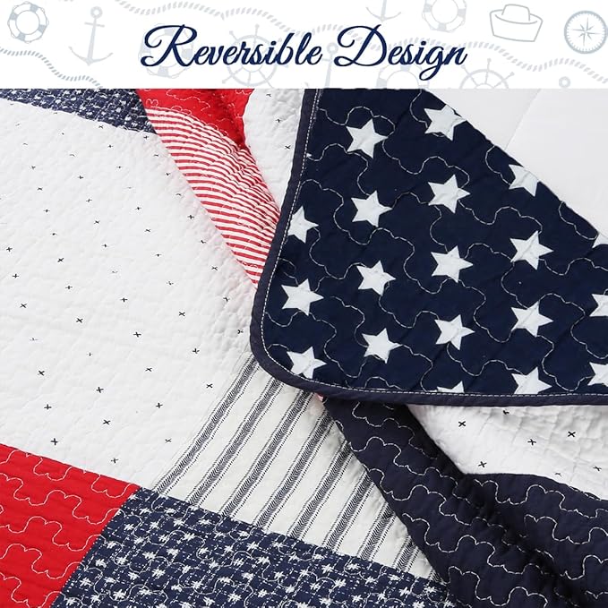 Cozy Line Home Fashions 100% Cotton Sailor Navy Blue Star Striped Print Cotton Reversible Bedding Quilt Set (Patriotic Patchwork, Twin)