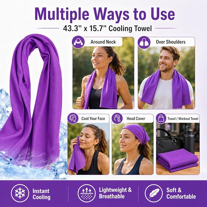 Cooling Towel for Neck and Face - 43.3" x 15.7" - Quick-Dry Microfiber - Ideal for Hot Weather, Gym, Fitness, Camping, Yoga, Run Gift - Purple